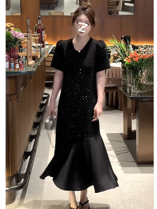 Qiqi Plus Size Womens Clothing Plus Size Ladies Socialite Fancy Shiny Patchwork Dress Womens Summer Elegant Slimming Slim Fit Dress