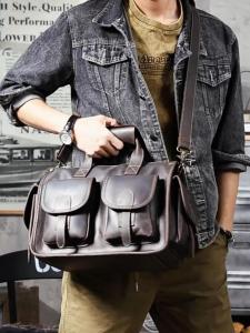 NUPUGOO Vintage Genuine Leather Mens Briefcase Crossbody Bag Crazy Horse Leather Handbag with 16-inch Laptop