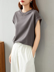 Womens Sleeveless T-Shirt Loose Fit Summer Fashion plus Size Grey Cotton Short Sleeve round Neck Basic Style Korean Style