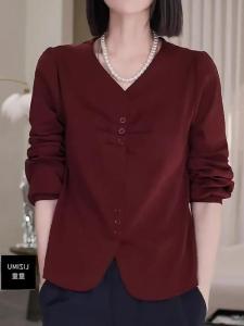 Design Sensation Autumn New plus Size Red V-neck Long Sleeve Casual Shirt High End Feeling Womens Business Casual Top