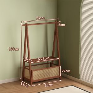 Retro Style Wooden Clothes Hanger for Bedroom Home Use Floor Standing Clothes Storage Rack Traditional Handwoven Willow Frame