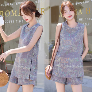 Shalldoer | Gradual Change Sleeveless Chinese Style Summer Vest and Shorts Set
