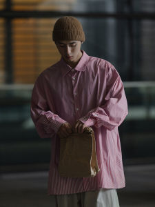 Noears Retro Pink Micro-Elastic Anti-Wrinkle Vertical Stripes Contrast Color Long Sleeves Shirt Mens Loose Japanese Style Cityboy Fashion