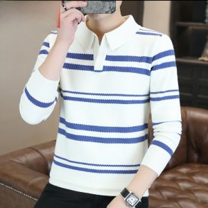HENGYUANXIANG | Hengyuanxiang Mens Casual Knitted V-neck Polo Shirt Striped Sweater Spring Autumn Fashionable Polyester Blend Anti-wrinkle