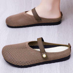 IELGY mother shoes womens summer breathable hollow casual shoes middle-aged and elderly home comfortable flat sandals one pedal half slippers