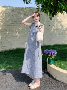 Gray Sleeveless Printed Thin Denim Dress Women Summer 2025 New Korean Loose Personality Lazy Vest Long Dress