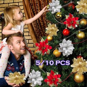5/10PCS Christmas Glitter Artificial Poinsettia Flowers Fake Flowers Christmas Tree Ornaments Front Door for Home Party New Year