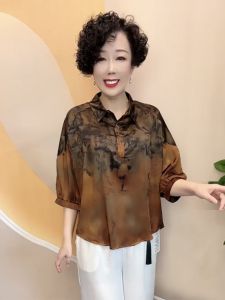 Noble Lady Batwing Sleeve Shirt Summer Middle-Aged and Elderly Silk Tops New Guo Feng Dark Jacquard Shirt for the Elderly Women