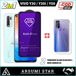 PROMO PAKET MURAH 2 IN 1 TEMPERED GLASS ANTI BLUELIGHT VIVO Y30 / Y30i / Y50 TG ANTI GORES KACA ANTI RADIASI + GARSKIN CARBON 3D