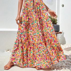 Bohemian plus Size Womens Fashion Floral A-Line Sweet Elastic High Waist Long Half Skirt Beach Skirt Polyester Fiber