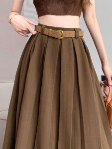 Brown Retro Woolen Pleats Womens Skirt Fall and Winter Stylish High Waist Cover a-Line Drape Big Hem Umbrella Skirt Tide