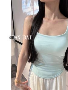 Mint Green Pleated Slimming Womens Tank Top with Chest Pad Inner And Outer Wear Sleeveless Short Style Sweet Style