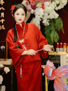 Elegant Red Wedding Dress Womens Cheongsam High Waist Pearl Embellished Long Sleeve Wedding Ceremony Dress Party Dress