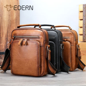 EDERN 2025 New Genuine Leather Shoulder Bag for Men Retro Vertical Messenger Bag Cowhide Crossbody Bag Business Casual Mens Sling Bag