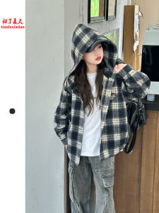 Girl Hooded Shirt Spring and Autumn Kids Autumn Gingham Idle Style Shirt Older Childrens Long Sleeve Outwear Girl Autumn Clothing