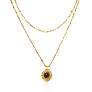 2 Layers Black Onyx Pendant Chain Necklace • Waterproof Non Tarnish • 18K Gold Plated 316L Stainless Titanium Steel Fashion Necklaces Women NL297 NL300