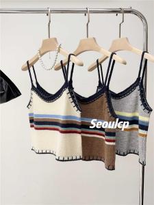 Seoulcp Womens Knitted Stripe Color Block Tank Top Short Style Outerwear Layering Top Korean Version Slim Fit Backless Design