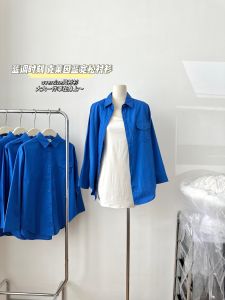 Áo Sơ Mi Dài Tay Rộng Rãi Màu Xanh Klein Cho Nữ Mùa Xuân Thu Thời Trang Công Sở Cổ Polo Tay Áo Cotton Chất Lượng Cao