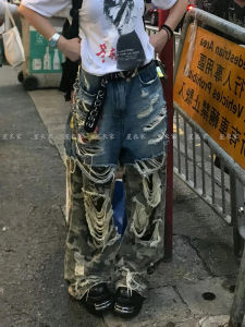 Retro American Design Camouflage Patchwork Jeans High Waist Distressed Floor-Length Womens Trendy Streetwear Loose Fit