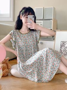 Nightdress Womens Summer Waistcoat Floral Cute Dress Loose Cotton Silk Dress Home Wear Pajamas Students Can Outwear