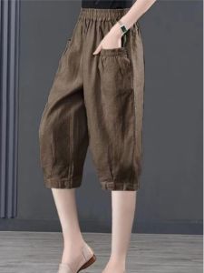 กางเกงผู้หญิงผ้าฝ้ายลินินเอวสูงบางส่วน: ชุดกีฬาผู้หญิงสไตล์ลําลองหลวมพอดีขนาดใหญ่วัฒนธรรมฮิปฮอปแรงบันดาลใจ