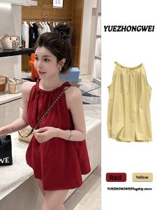 YUEZHONGWEI | Dopamine Style Red Halter Loose Sleeveless Top