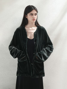 Miccbeirn | Retro Silk Velvet Jacket Glitter Edge Casual Luxury Light Weight Cardigan Slimming Leisure Top Round Neck Long Sleeve Button Closure