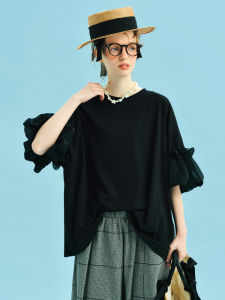 Casual Loose Black T-Shirt Women Summer Leisure Patchwork Design Lantern Sleeve Top Cotton Polyester Blend Comfortable Fit