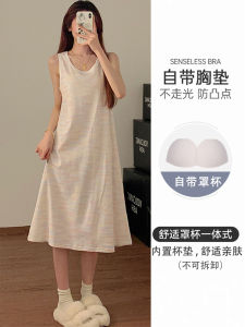 Ins ผ้าฝ้าย มีฟองน้ำ ชุดนอน ผู้หญิง ฤดูร้อน แขนกุด เดรส เสื้อผ้าบ้านหลวมสายเซ็กซี่ คอวี ความยาวปานกลาง การ์ตูน พิมพ์