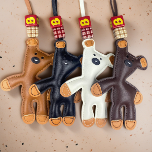 Handcrafted Leather Bear Keychain - British Style with Letter B Bead & Tartan Accent Perfect Relaxing Bag Charm for Everyday