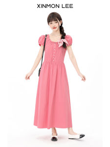 Elegant Red Bubble Sleeve Dress Womens Slimming Long Dress Spring Summer Sweet Korean Style XinmonLee A-Line Midi Dress