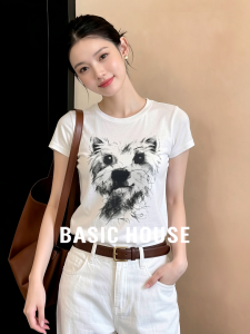 Basic House | Doge Print Round Neck Short Sleeve Tshirt Women Slim-fit