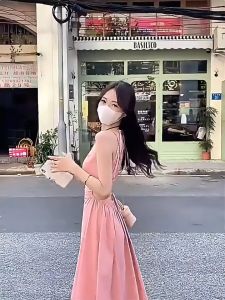 French A-Line Halter Dress Women Vacation Style Adjustable Waist Cut-Out Sleeveless Long Dress