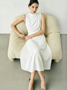 AMII | Glossy Satin Loose Collar Sleeveless A-line Dress