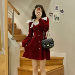 Christmas New Year Atmosphere Red Velvet Dress High Waist Butterfly Knot Hepburn Style Autumn Winter New Arrival Womens Dress