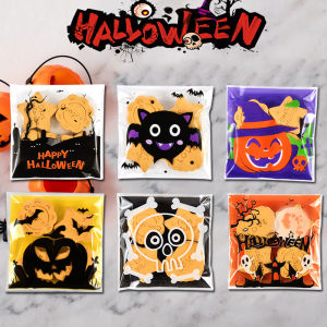 100Pcs 10x10cm Halloween Pumpkin Candy Bags Kids Trick Or Treat Cookies Gifts Packaging Self Adhesive Bag Halloween Party Decor