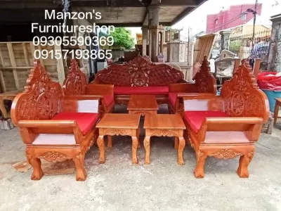 Cleopatra Sala Set (Gmelina Wood) - Ornate Carvings Wooden Construction Sofas and Tables Outdoor Display.