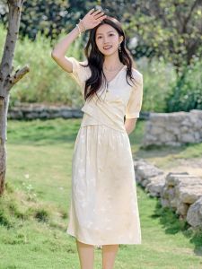 WANGGONGZHU | Elegant High Waist Floral Print Summer Dress Womens Short Sleeve Satin Mid Length Beautiful Skirt Princess Style V Neck Dress