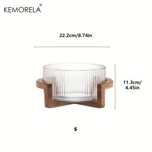 KEMORELA Striped Glass Bowl with Wooden Stand Scratch-Resistant Round Salad Fruit Dessert Display for Living Room