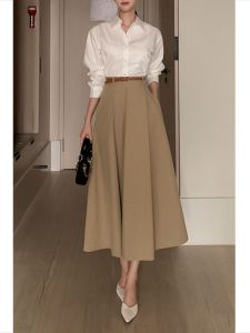 Commute High Waist Midi Skirt Womens A-Line Skirt Cover Hip Spring Autumn Korean Style Zipper Design Pure Color Skirt