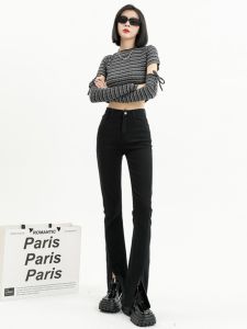 High Waist Black Micro Flare Denim Jeans Womens Spring Autumn Straight Leg Slimming Split Floor Length Pants