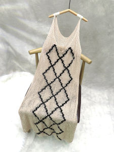 French V-neck Knitted Dress with Hollow out Strap Personality Embroidery Summer Midi Dress Thin A-line Style with Diamond Pattern