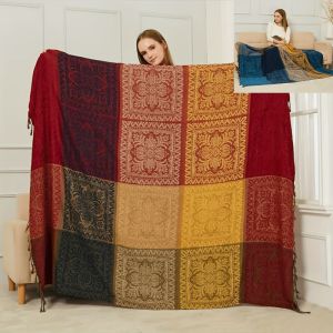 Mystic Mandala Chenille Throw Bohemian Inspired All Season Sofa Bed Blanket Colorful Fringe Decor Washable Tear Resistant