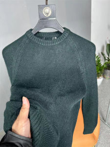 Mens Winter Thickened Warm Pure Color round Neck Knitted Sweater Wool Blend Long Sleeve Fashion Urban Style Basic Youth Top
