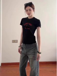 Summer New Womens Slim Fit Cotton T-shirt Letter Print Shoulder Length Short Sleeve Casual round Neck Top Stylish Design