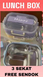The HAPPY Kotak Makan Anak 3 Sekat Stainless Lunch Box Free Sendok-008
