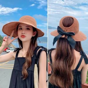 Womens Summer 2024 New Style Empty Top Beach Sun Hat UV Protection Large Brim Hat Field Cap Breathable Comfortable Cotton Hat