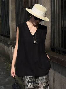 Black V-Neck Sleeveless Vest Shirt Womens Loose Casual Versatile Top Breathable Comfortable Korean Style Summer New Arrival