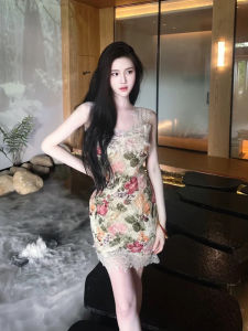 ภาพวาดสีน้ํามันฝรั่งเศสย้อนยุคสไตล์ชนบท ลูกไม้ ห่อ กระโปรง ผู้หญิง Pure Desire พิมพ์ เอว พรางหุ่น วันหยุด กระโปรง