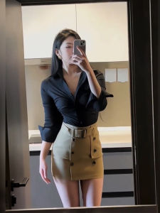 เสื้อเชิ้ตใส่แล้วดูผอมเข้ารูปคอโปโลเซ็กซี่วินเทจไซส์ใหญ่ชุดกระโปรงสั้นรัดสะโพกดูแพงสำหรับสาวอวบ